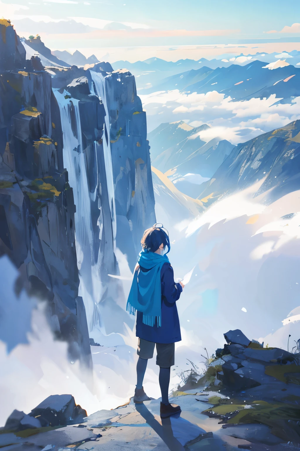 Imagen de un hombre de espaldas (con una bufanda azul), mountainous landscape, fondo difuminado, suelo verde, aire, nubes blancas,