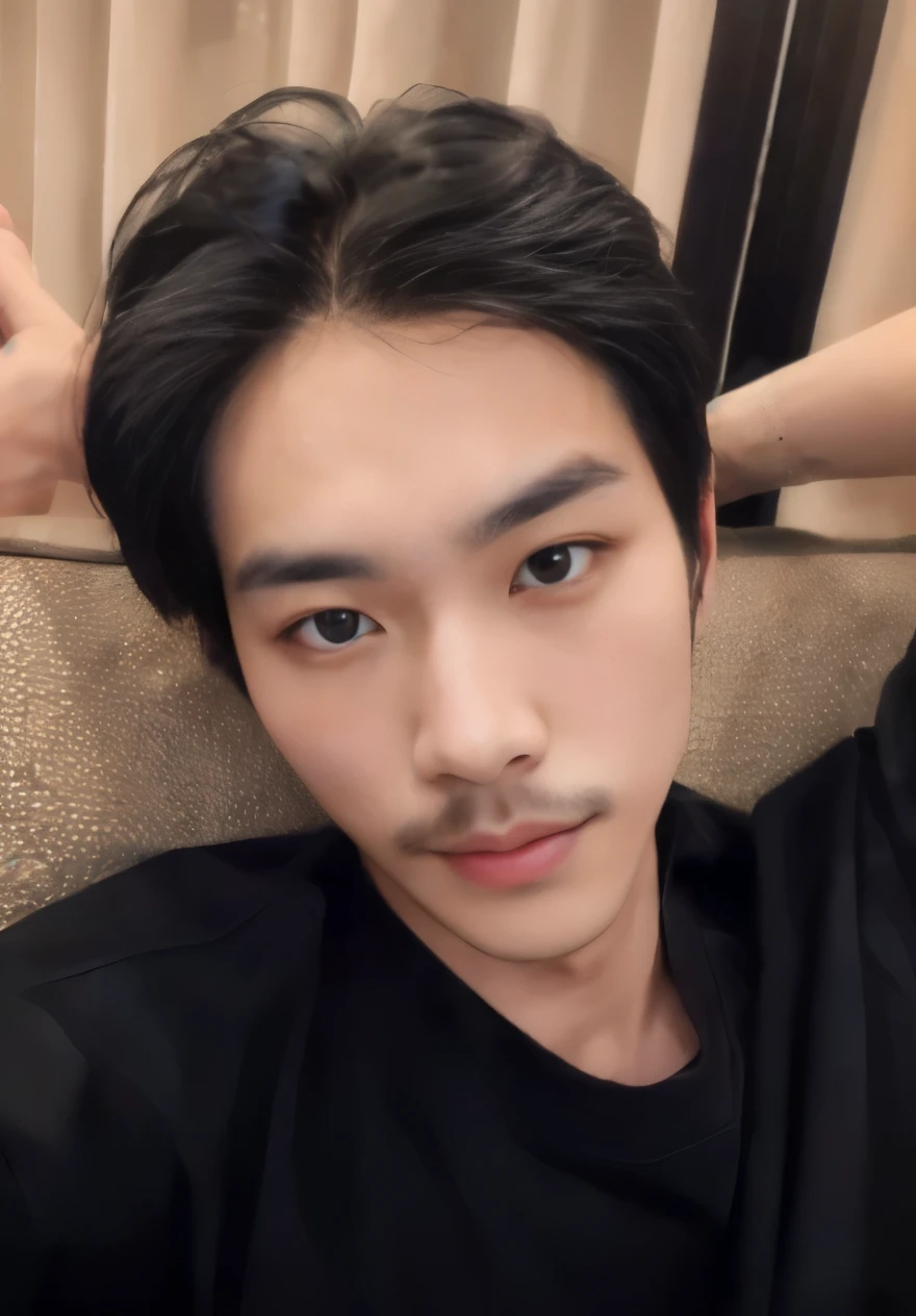 arafed man with a mustache and a black shirt on a couch, hsiao-ron, handsome chad chin, handsome face, 1 7 - year - old boy thin face, cai xukun, handsome face and beautiful face, asian male, 2 7 years old, inspired by Zhang Han, 2 8 years old, yanjun chengt, jin shan