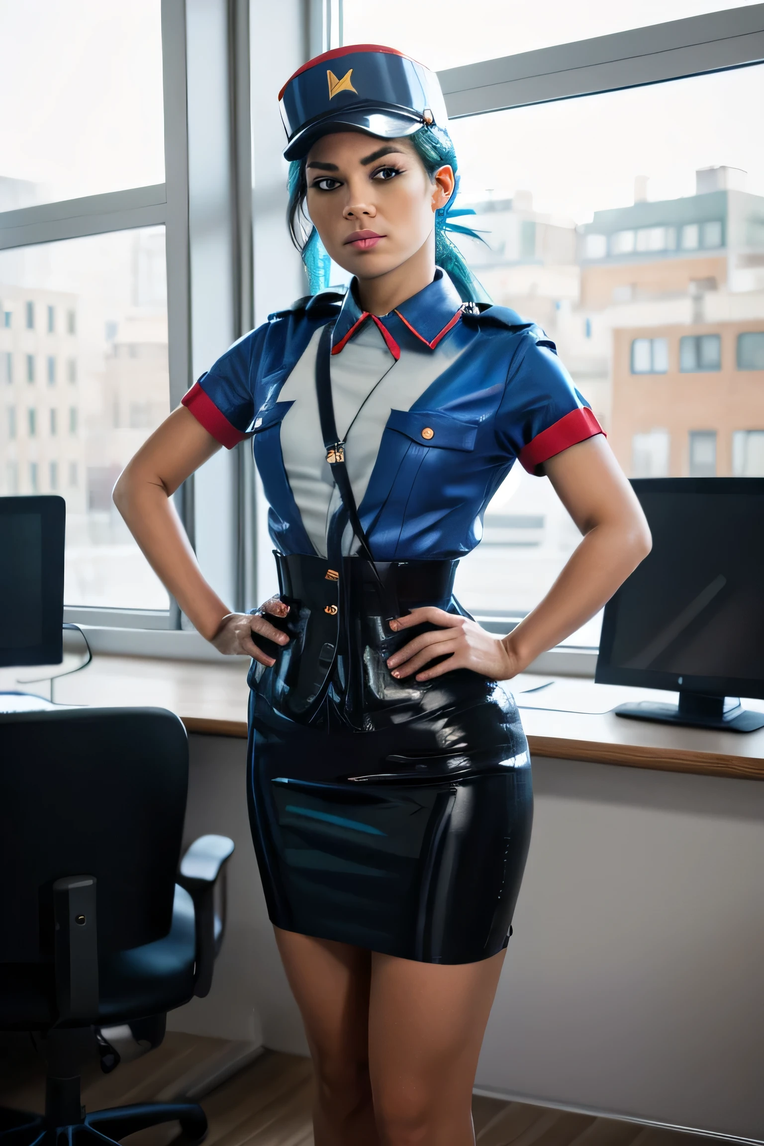 jenny, blue hair, brown eyes,hat, police uniform, skirt, flats, looking at viewer, serious, standing, arms crossed, inside office, desk, window, cityscape, high quality, masterpiece, 