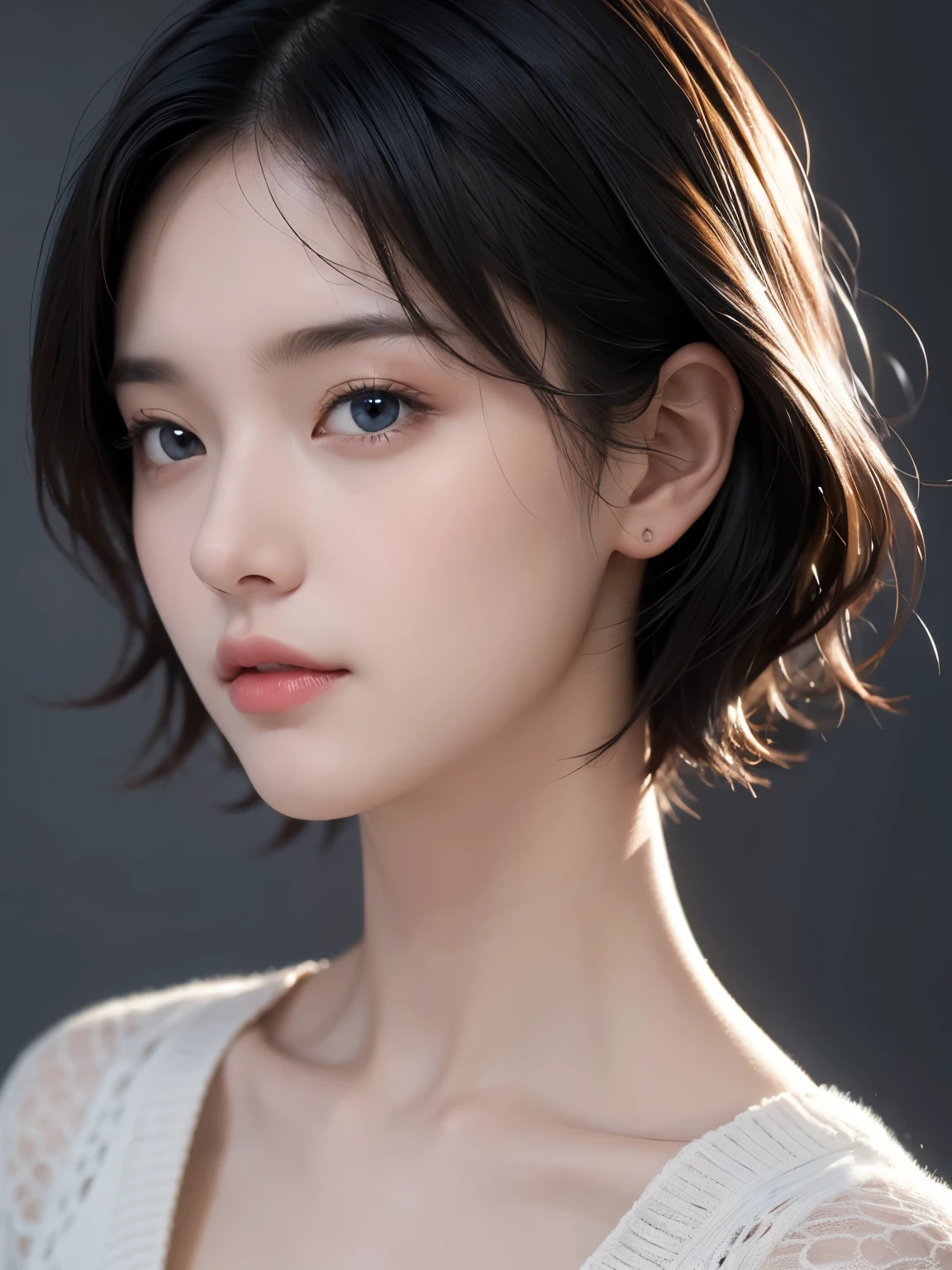 (masterpiece:1.3), (8K, realistic, Raw photo, highest quality:1.4), (realistic face), (black hair, short hair:1.3), beautiful hairstyle, realistic eyes, Detailed and beautiful blue eyes), (realistic skin), beautiful skin), (sweater), charm, ultra high resolution, 超realistic, golden ratio, ((bust shot))