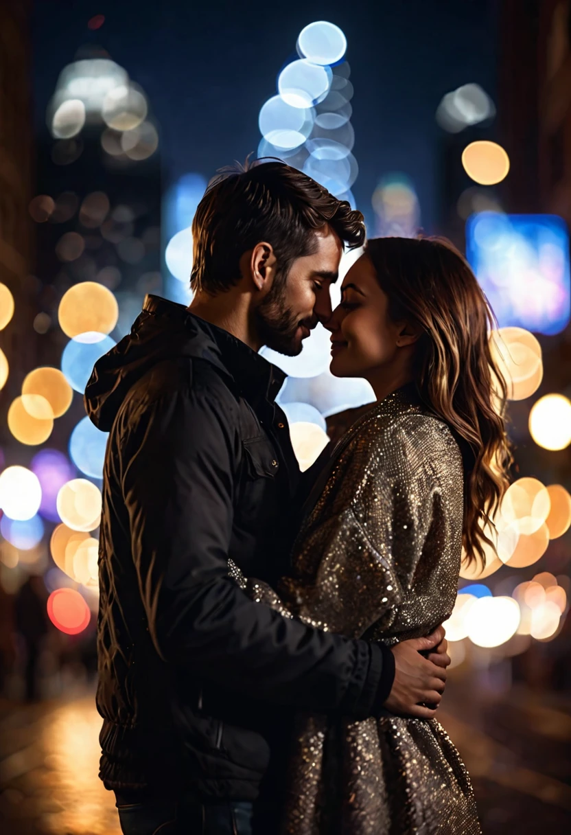 hyper realistic close-up image, dark silhouette of a couple affectionately hugged  at night, bokeh light effects, lens flare effects, on a great city, 8k resolution, dramatic lighting, depht blur , greg rutkowsky style, raw photo