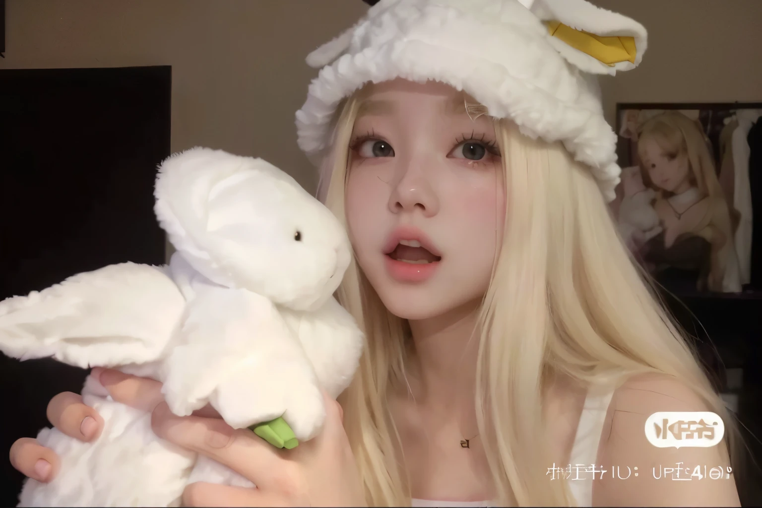 araffe girl with long blonde hair holding a stuffed animal, belle delphine, ultrarealistic sweet bunny girl, her hair is white, shikamimi, ruan cute vtuber, roseanne park of blackpink, with long floppy rabbit ears, ulzzang, with white long hair, lalisa manobal, anime girl in real life