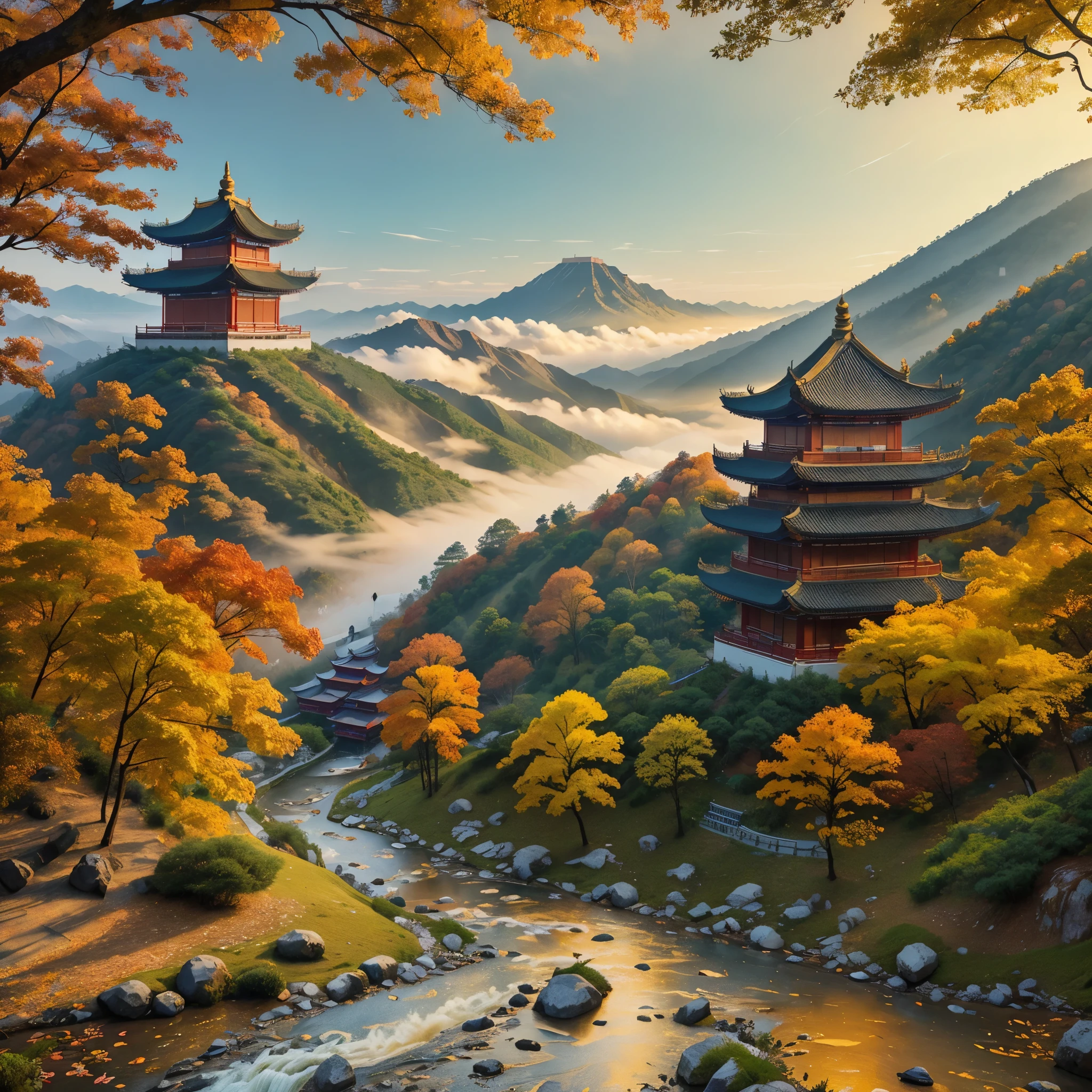 A person on the edge of a large Chinese mountain, with fog, overlooking a large traditional Chinese forest and a traditional Chinese city, trees, rivers, bridges, staircases, traditional Chinese style lights, lakes, autumn theme,.HDR, ultra resolution, well defined, masterpiece, 8K HD.