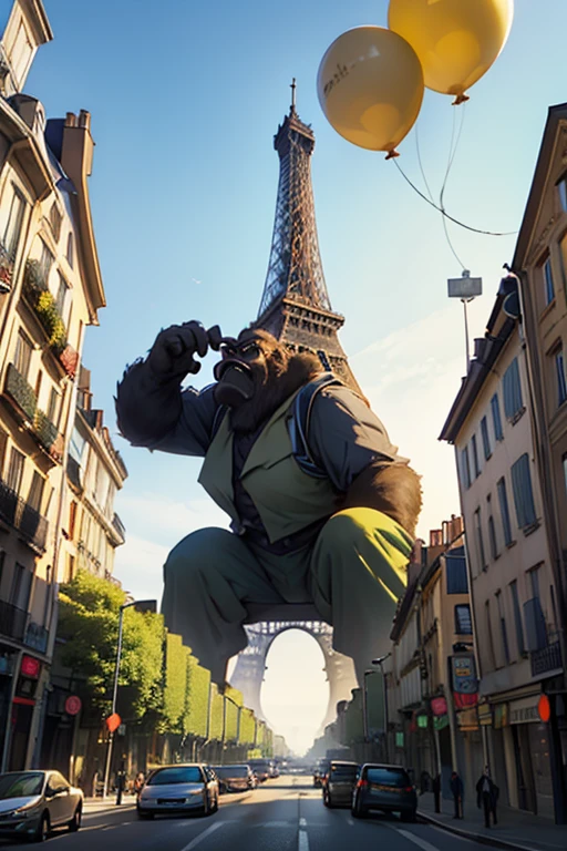King Kong suspendu à la tour Eiffel et des gilets jaunes tenant des ballons de plusieurs couleurs 
