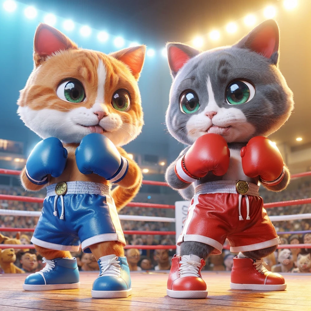 animasi 3D, two cats boxing on arena