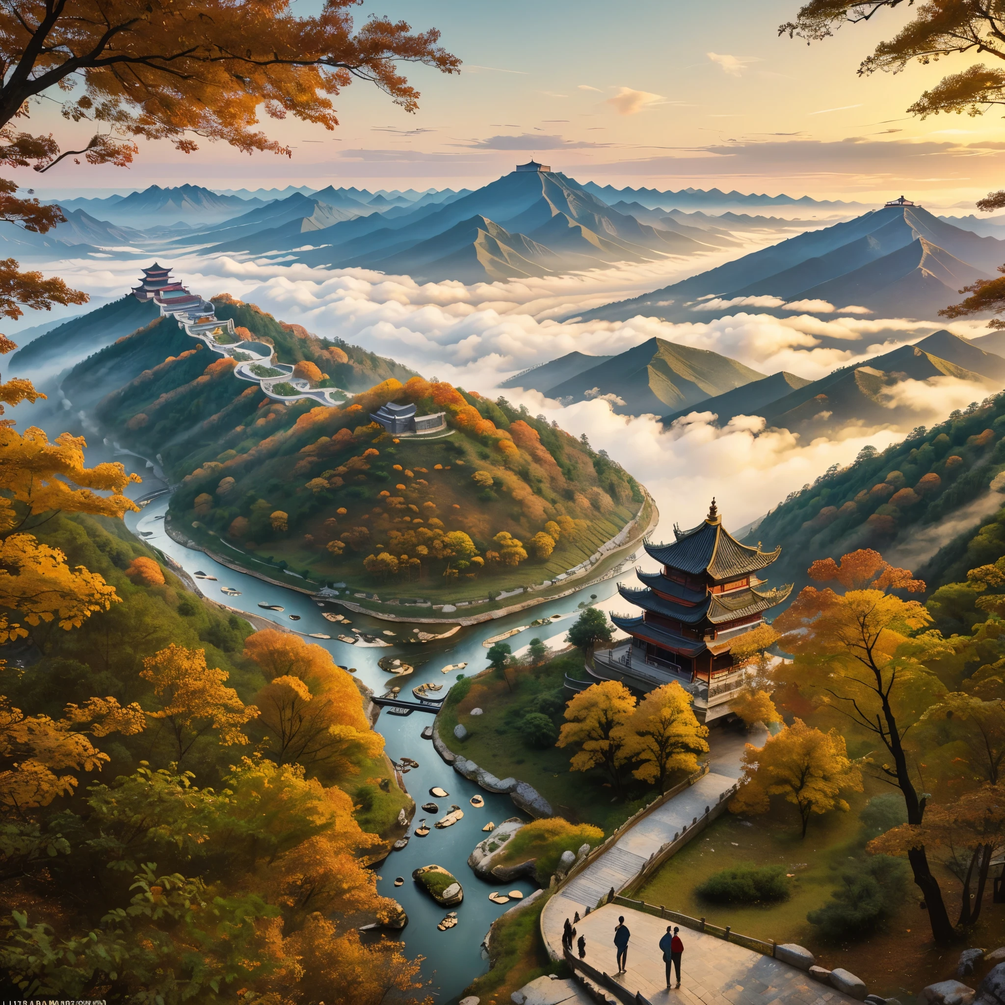 A person on the edge of a large Chinese mountain, with fog, overlooking a large traditional Chinese forest and a traditional Chinese city, trees, rivers, bridges, staircases, traditional Chinese style lights, lakes, autumn theme,.HDR, ultra resolution, well defined, masterpiece, 8K HD. 
