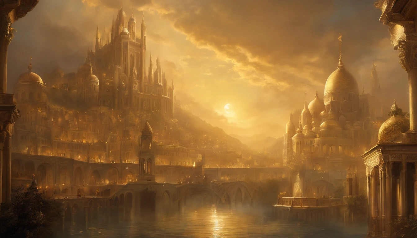 A painting of a city with a castle and angels flying around, internal、Empyrean City.A gorgeous 50m high wall、Golden Wall, city of utopia, Heaven&#39;s Golden Walls!!!!!!!!, Esoteric equation heaven, heaven on earth, breathtaking芸術, breathtaking,, Apocalyptic City,, Elaborate dark paint