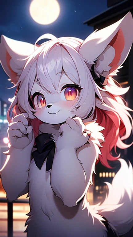 furry boy,Super fine fur,Room,moonlight,face flushed,Smile，Wolf，Body red,Red hair，Eyes gray，A bit of a dark circle，With a black bow，White belly，The tip of the tail is white，Palm white,One hand touches cheek，One hand stretched out to reveal the meat ball，looking at the audience
