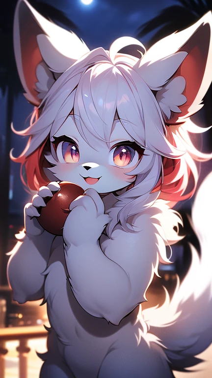 furry boy,Super fine fur,Room,moonlight,face flushed,Smile，Wolf，Body red,Red hair，Eyes gray，A bit of a dark circle，With a black bow，White belly，The tip of the tail is white，Palm white,One hand touches cheek，One hand stretched out to reveal the meat ball，looking at the audience
