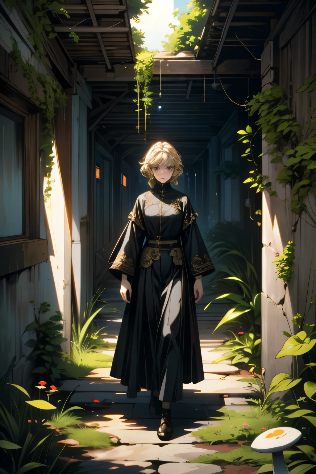 ((Super detailed, masterpiece, Ridiculous))
 Emily Pei, 1 girl, alone, blonde hair, blue eyes, Wandering in a mysterious place, Overgrown garden filled with oversized, Glowing Mushroom