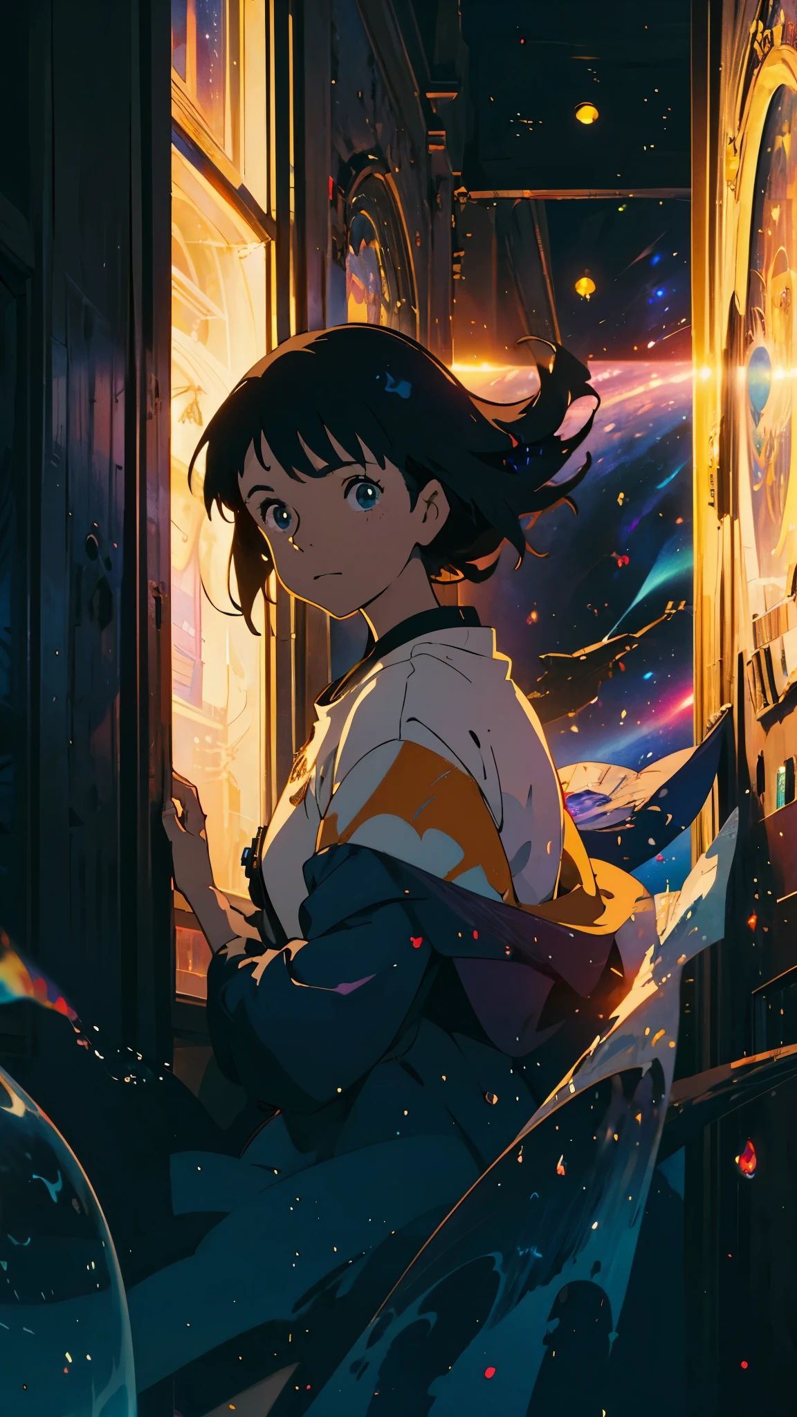 Create exquisite illustrations reminiscent of Makoto Shinkai's style, It has ultra-fine details and top-notch quality. Create a high-quality illustration featuring a beautiful girl opening a door in a fantastical space, revealing a cosmic universe beyond. The scene should depict a sense of wonder and enchantment, with intricate details throughout. Pay close attention to the ethereal quality of the space surrounding the door, with hints of swirling galaxies, distant stars, and celestial phenomena visible beyond the threshold. Ensure that the girl's expression conveys a mix of curiosity, awe, and perhaps a touch of trepidation as she ventures into the unknown. The illustration should evoke a feeling of magical discovery and the infinite possibilities of the cosmos. best quality, masterpiece, expressive eyes, gorgeous, vivid, perfect face, smile, happyness, 2eyes, emotion, detailed pupils, vivid pupils,stunning, life, relfection, peace, warm, compsition, artistic, 4k, wallpaper, bonnet, wind, glowing eyes,