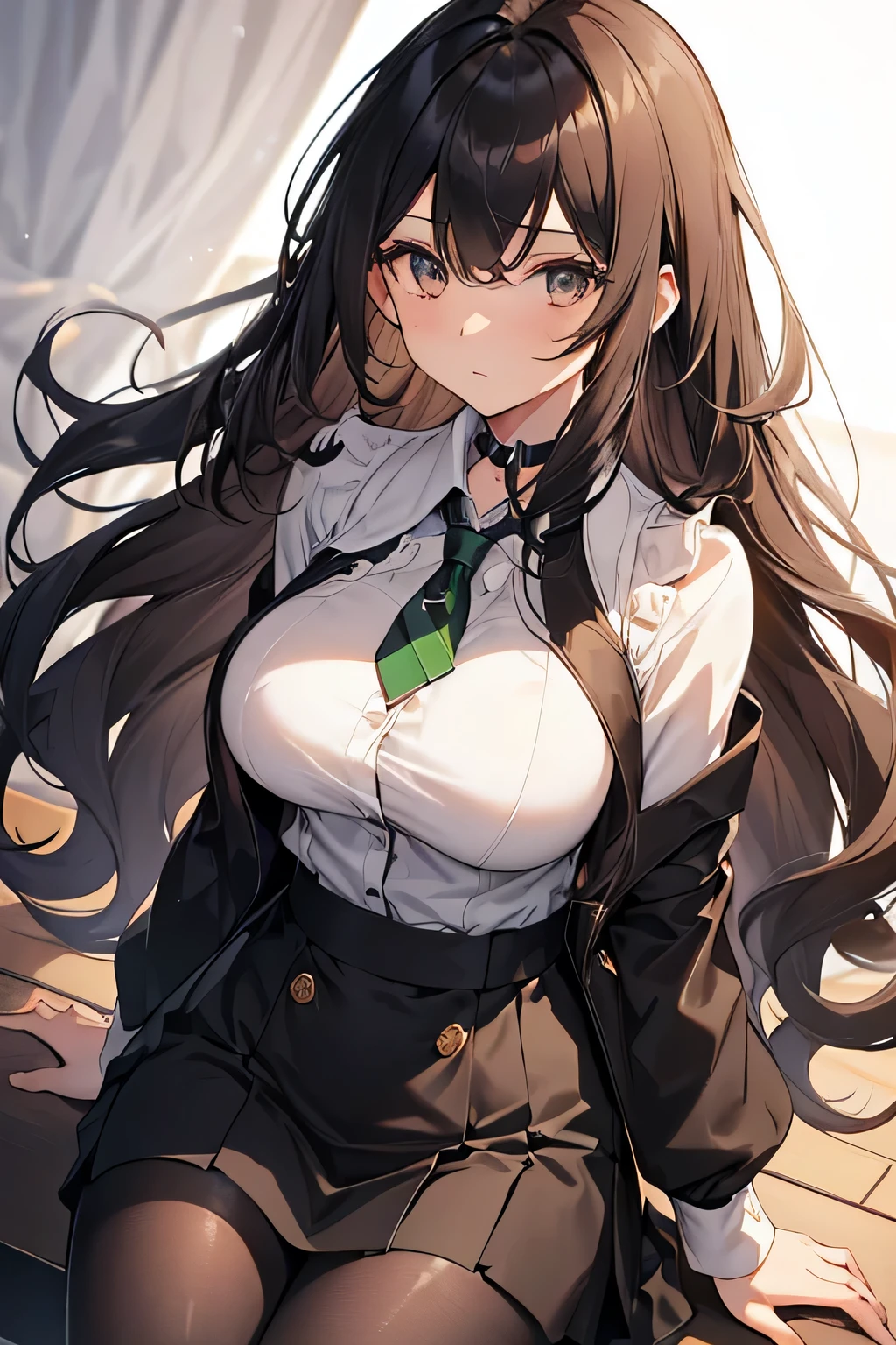 ((1 beautiful girl: 1.5, top-quality: 1.5, Perfect anatomies: 1.1, face perfect: 1.1, long straight hair: 1.2, brown: 1.2, wearing a: 1.1, tight blouse: 1.1, large-sized breasts: 1.1)), tie, choker, black pantyhose.
A beautiful long-haired girl, (transform sequence), with large brown waves cascading down her shoulders. She wore a form-fitting black skirt that hugged her slender figure and a tight, apples green blouse that accentuated her medium-sized breasts. The blouse was fastened with a few buttons at