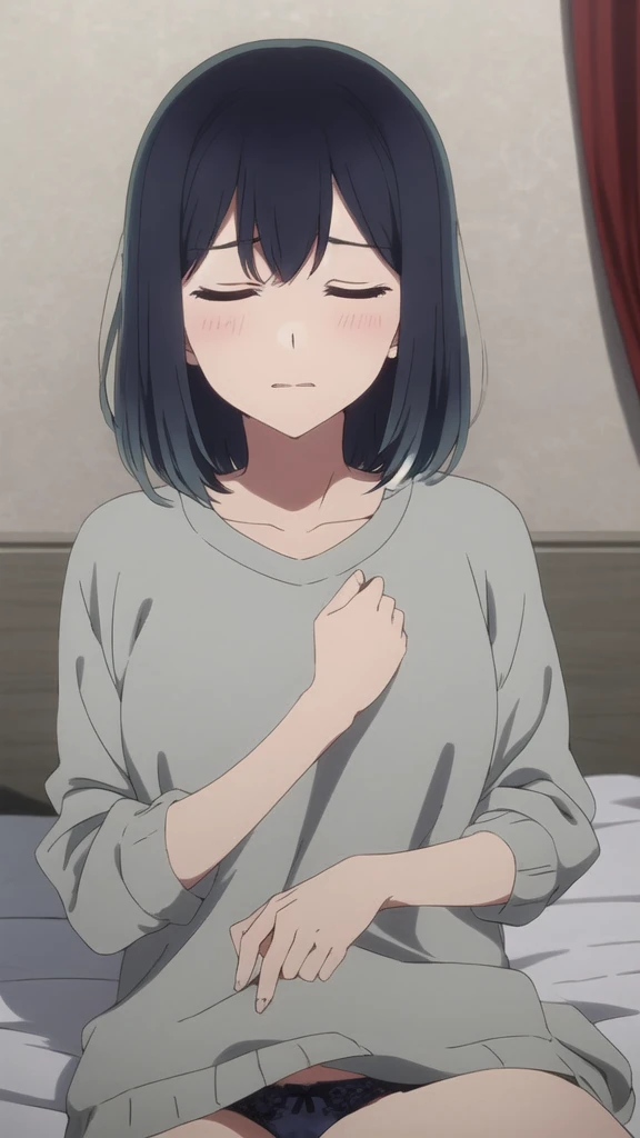 masterpiece, highest quality, , 1 girl, alone,Perfect beautiful light, looking at the viewer, Upper body, written boundary depth, anime coloring book, , kurokawa akane, black hair,, Blu-ray,(( (closed my eyes:1.5),)),((open your mouth1:2)),Sleeping on your back on the floor, troubled expression,((open your mouth:1.5)),exposed chest,open your mouth,exposed chest,Medium chest,((perfect nipples)),((lie in bed)),Perfect tummy,blush,Pale white lace panties,perfect slim thighs