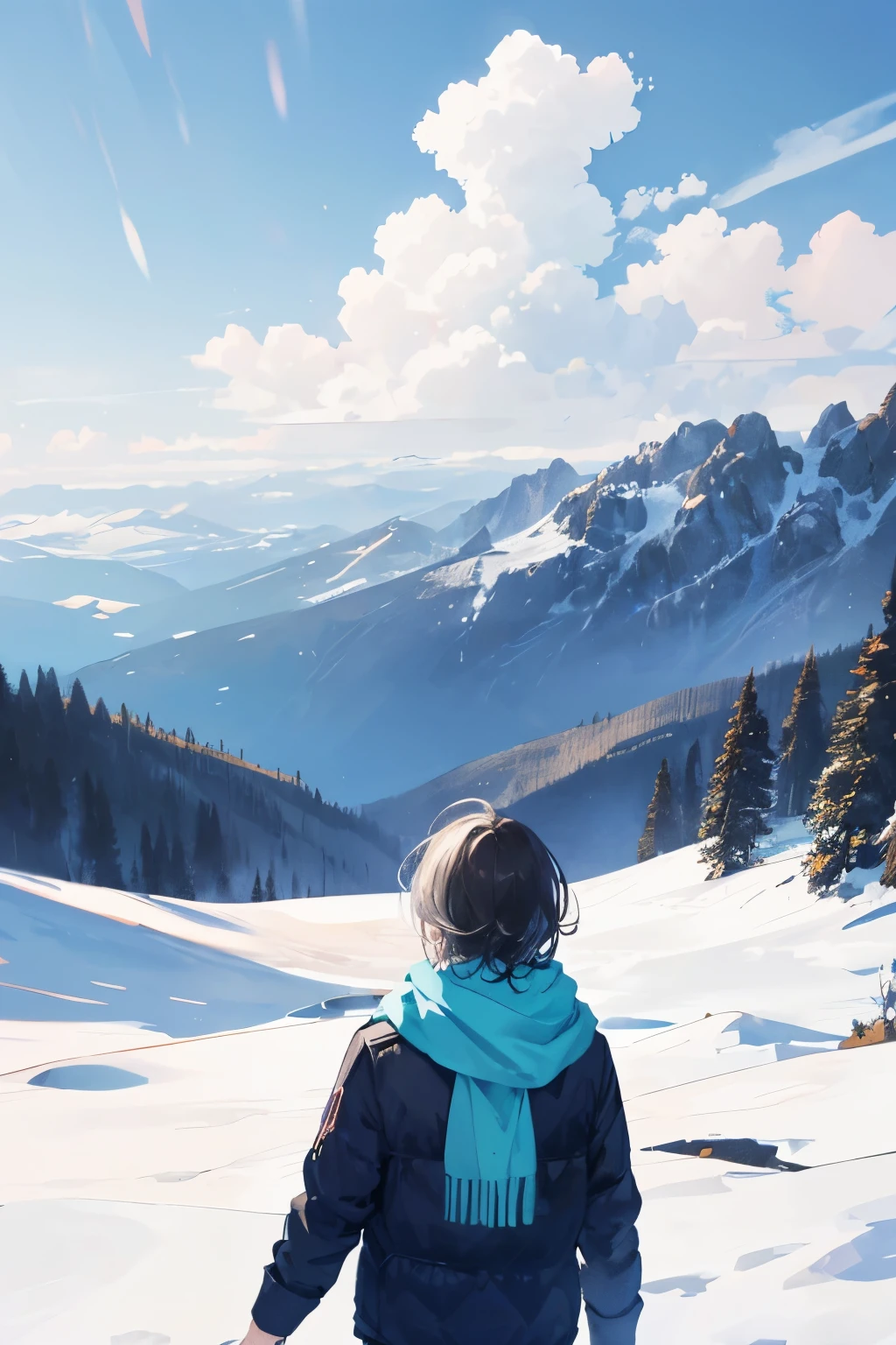 Imagen de un hombre( pelo blanco) de espaldas (con una bufanda azul), mountainous landscape, fondo difuminado, suelo verde, aire, nubes blancas,