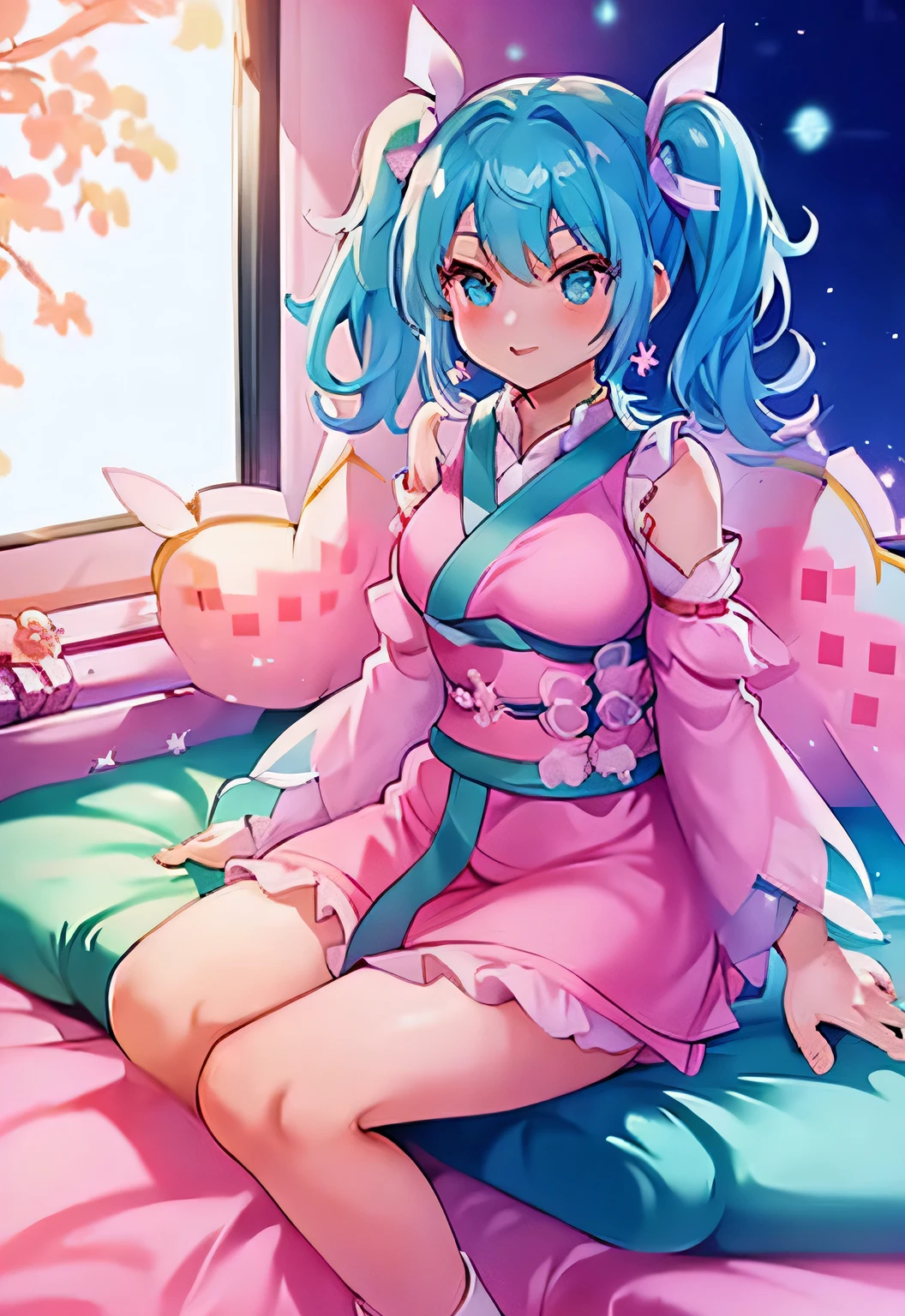 1girl, aqua hair, detached sleeves, hair ornament, japanese clothes, kimono, long hair, obi, pink kimono, sash, sitting, solo, twintails, wide sleeves, (((indoor:1.33))), (((simple room:1.33))), ((( sitting on the bed:1.33))), smiling, 1girl, aqua hair, earrings, looking at viewer, obi, parted lips, pink dress, pink kimono, sash, sitting, solo, twintails, window, (masterpiece,best quality:1.5)