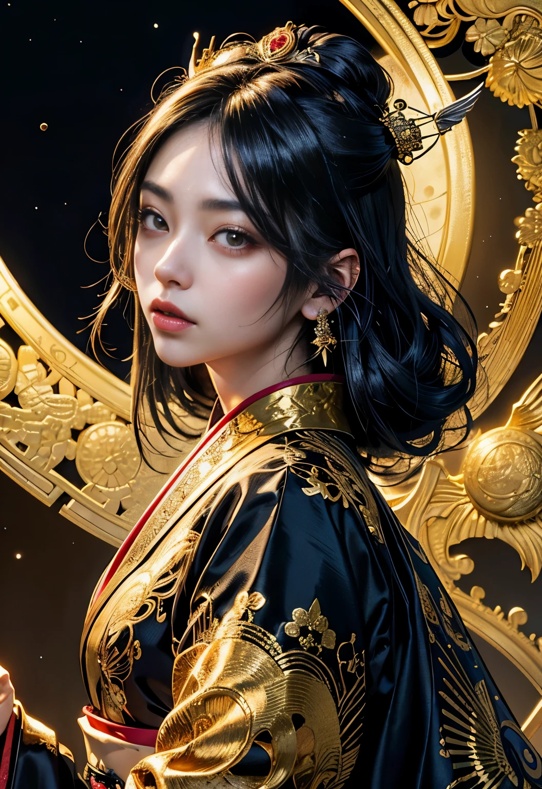 (highest qualityの, highest quality, Queen, beautiful and aesthetic:1.2), (1 female), Highly detailed dynamic line of sight,(fractal art:1.3),I'日本の着物を着ているI,best details, She has jet black hair and black eyes. Detailed background((moon:1.5),),elaborate costumes{luxury kimono(black kimono(Beautiful golden embroidery,))}、(日本のQueen(Himiko):1.2)(perfect face:1.2),Representing a beautiful and elegant woman,A balanced perspective,glossy black hair,Wallpapers 16K,((facing forward)), ((highest quality)),{{portrait photography}},Powerful person々