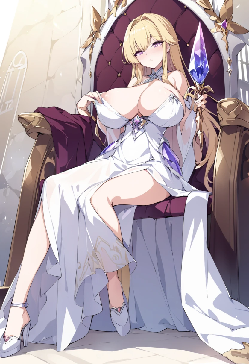 Cristalina, 20 years old, long blonde hair, light lilac eyes, huge breasts, open white dress, touching her breasts with her crystal scepter, sitting on her throne waiting for the celestial being to come to her temple to bring her her next merchandise..hentai