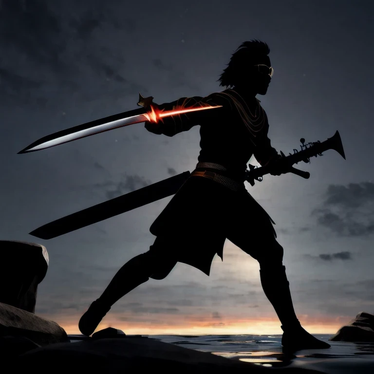 (Silhouette of heroine dancing sword:1.5),Glowing sword,(Fighting posture,strong dyna pose:1.4),on the lake,high contrast, movie lighting, Enigmatic Atmosphere,,lotus flower,Lotus leaf,corrugation,(splash of water;1.4),a moon,dyna,swordsman,Kungfu, very happy, Side view, whole body, 3d, (Black and white checkered glasses) octane rendering, perfect appearance, Collagen protein(((denim)))dark style,Behind the black halo,Black aura,Black flame,Red sunglasses,combat status,Roar,direction,8K quality,Higher quality,Detailed details,masterpiece,masterpiece,