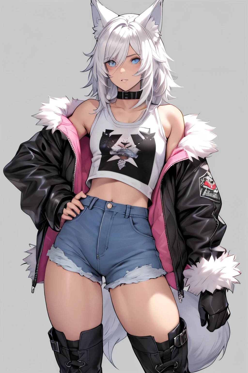 Single boy, Anime Femboy, Short, Long white hair, wolf ears, wolf tail, blue eyes, wearing short denim shorts, thigh high fishnets, black combat boots, wearing fur lined open pink jacket, flat chest, super flat chest, wearing cropped t-shirt, solo femboy, only one femboy ((FLAT CHEST)) solo, alone, (SOLO)(ALONE) thicc thighs, wide hips, blue eyes, perfect eyes, perfect face, pouty lips, happy, curvy, sparkly blue eyes