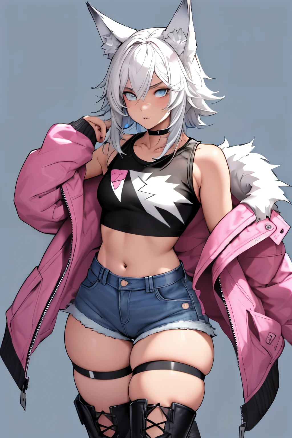 Single boy, Anime Femboy, Short, Long white hair, wolf ears, wolf tail, blue eyes, wearing short denim shorts, thigh high fishnets, black combat boots, wearing fur lined open pink jacket, flat chest, super flat chest, wearing cropped t-shirt, solo femboy, only one femboy ((FLAT CHEST)) solo, alone, (SOLO)(ALONE) thicc thighs, wide hips, blue eyes, perfect eyes, perfect face, pouty lips, happy, curvy, sparkly blue eyes