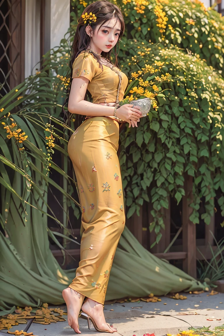 Burma's long-lasting body is full of sensuality, and the beauty of the body outline is too revealing. The long skirt she wears highlights her high hips. The beauty under the dress is so beautiful that the eye can see. She wears bright yellow flowers, smiles and water.