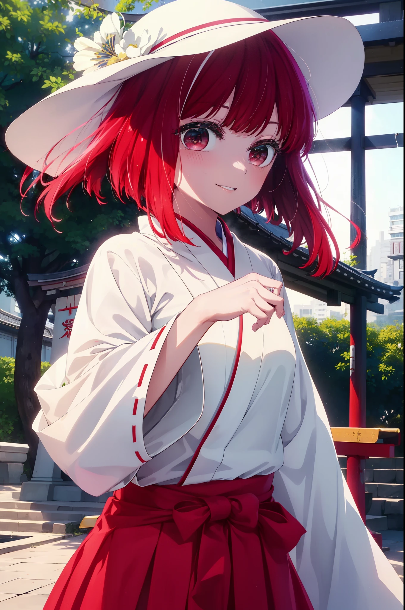 canary, Arima etc., long hair, bangs, (red eyes:1.3), redhead, smile,
happy smile, smile, open your mouth,Platycodon grandiflorum,Miko, white kimono, red hakama,White tabi kimono, same as skirt, wide sleeve, long sleeve, very long hair, 鈍いbangs, low ponytail, So that the whole body goes into the illustration,daytime, break outdoors, shrine,torii, break looking at viewer, (cowboy shot:1.5), break (masterpiece:1.2), highest quality, High resolution, unity 8k wallpaper, (figure:0.8), (detailed and beautiful eyes:1.6), highly detailed face, perfect lighting, Very detailed CG, (perfect hands, perfect ???????),