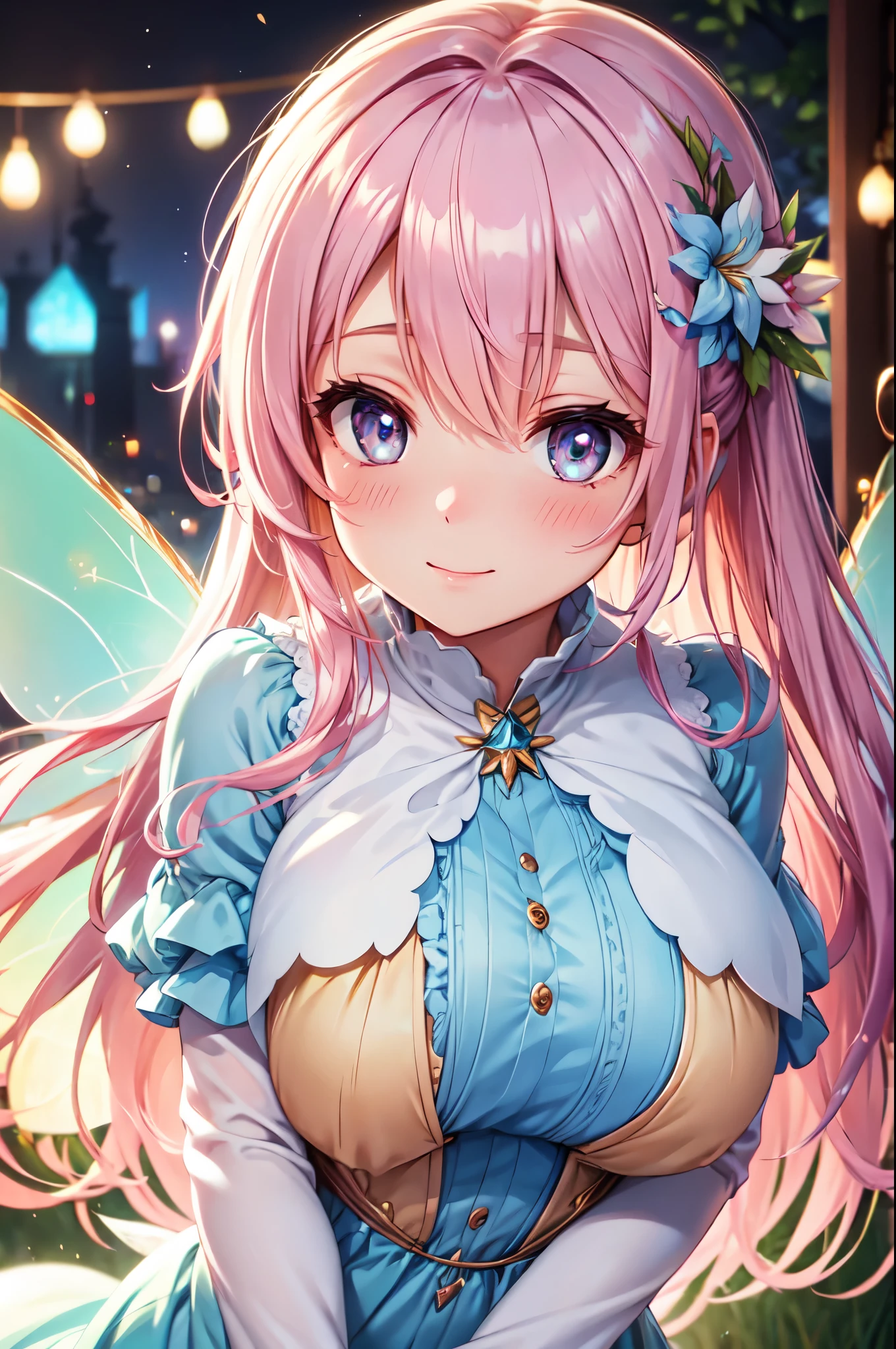 (High quality, High resolution, Fine details), (fairy:1.2), (delicate wings:1.2), enchanted forest, floating in the air, twinkling lights, magical dust, shimmering dress, soft colors, soft and warm lighting, enchanting, mystical, pure magic, bokeh, solo, curvy women, pink hair, sparkling eyes, (Detailed eyes:1.2), smile, blush, Sweat, Oily skin, Soft tones, shallow depth of field
