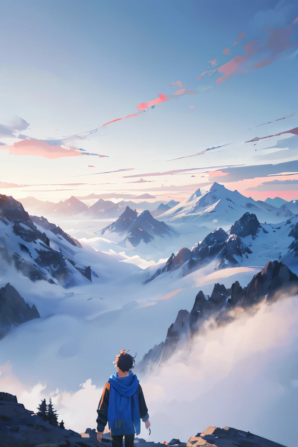 Imagen de un hombre( pelo blanco) de espaldas (con una bufanda azul) (ropa de fantasia), mountainous landscape, fondo difuminado, suelo verde, aire, nubes blancas,