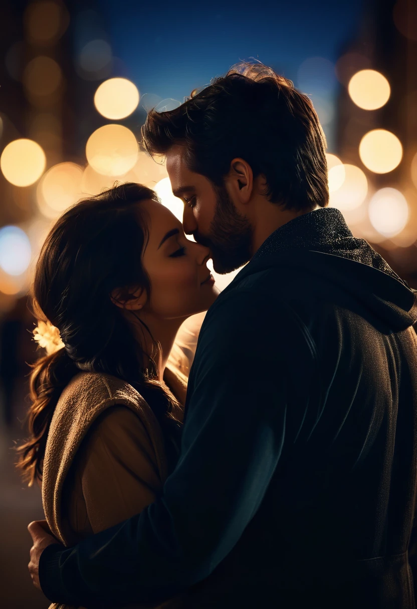 hyper realistic close-up image, dark silhouette of a couple affectionately hugged  at night, bokeh light effects, lens flare effects, on a great city, 8k resolution, dramatic lighting, depht blur , greg rutkowsky style, raw photo