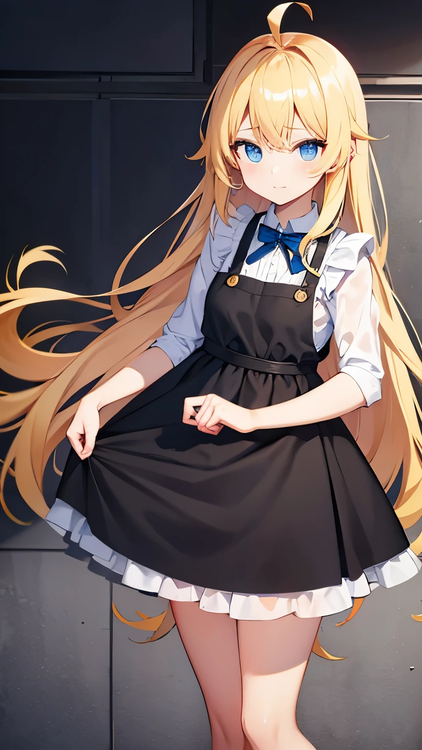 Black Alice,apron dress,Super long blonde hair,Ahoge,blue eyes,8 year old girl