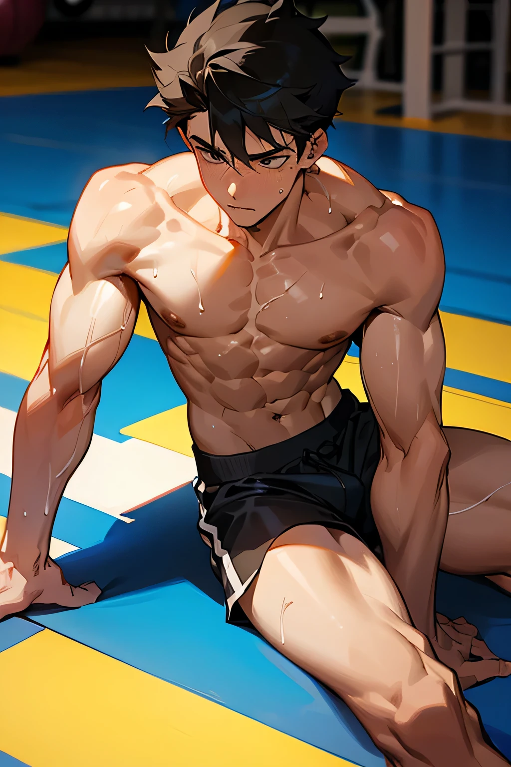 shirtless, super muscular, sweat-drenched body, 22-year old short black hair handsome caucasian male wearing white gym shorts, resting on the floor, sweating in the gym