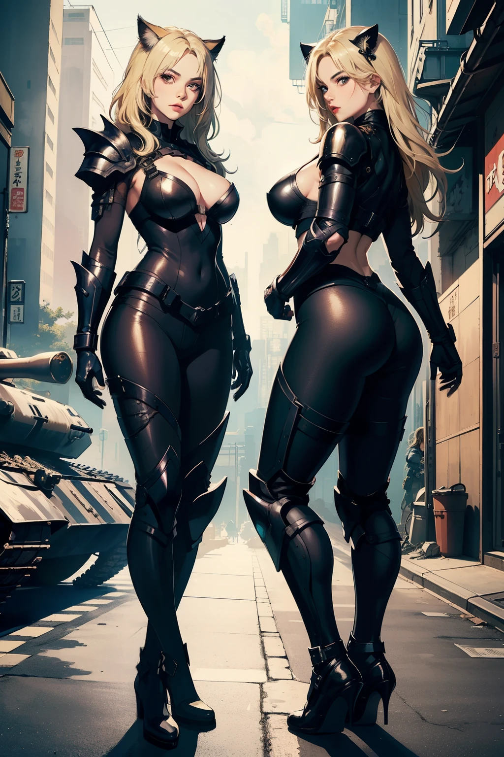 ((highest quality)), ((masterpiece)), (be familiar with), (High definition), 8K, perfect face、2 women、Two women side by side、tall、2 Blonde cat ears、2. Long Hair、2. Volumetric hair style、big breasts、constricted waist、big ass、glamorous、Glamorous、protector、Armor、combat suit、combat boots、armed、Equipped with large firearms、Posing in front of a tank、cinematic、best shadow、side lighting、NEO TOKYO、(bust shot)