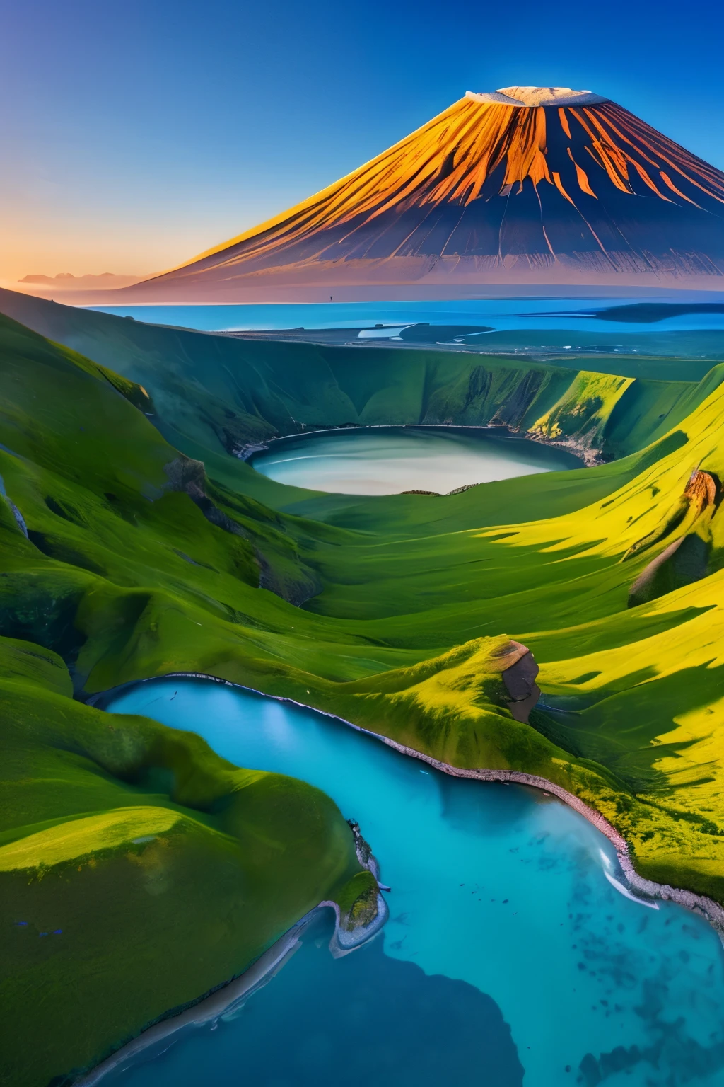 "a beatiful lanscape with volcano on onesidewith beacon the other", the stunning landscape features a towering volcano on on side and a cristal clear water on the other side