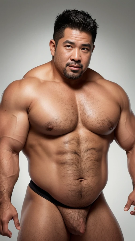 black hair, middle-aged man, individual, male, Muscular wrestler, muscular, Stout wrestler, Asian, Japanese, uncle, 55 year old middle-aged man, short hair, short hair, yellow wrestling boots, full body portrait, shadow, Vision, yellow briefs, obesity, 45 years old, short beard, middle-aged man, tattoo, fingerless gloves, Wheat skin, shiny skin, dark skin, Show your pectoral muscles, sumo wrestler, bodybuilder, wide temples, Visible abdominal muscles, Smile, Fine hands, solid color background, pure white background, Surrealism, Panorama, 8k, super detail，