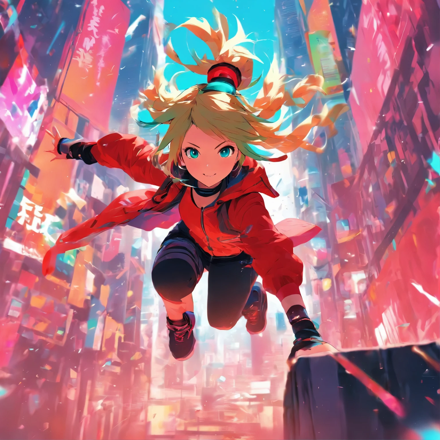 A simple pop art style Vocaloid cover art in the style of WOOMA、Illustration of a girl doing parkour in a red coat