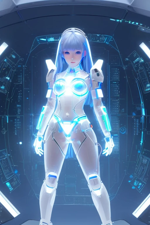 (highest quality, High resolution, masterpiece:1.2), Super detailed, realistic:1.37, (perfect anatomy),1 girl, full body portrait,Inside a robotized operating room,(Lots of cables:1.1),Lots of tubes,monitor screen,close-up of woman, Cute and perfectly beautiful Japanese idols, 26 year old female model、Modified into a cute cyborg,, (blue led eyes:1.1), (clear glass body:1.5), (A clear view of the electronic systems in the body.:1.4), Detailed connection lines, Wires and cables connecting to the head, cybernetics, cyber punk, intricate decorative details, Android factory in the background, master piece, full body shot