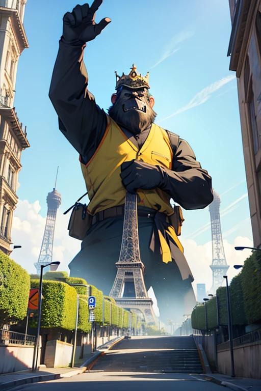 King Kong suspendu à la tour Eiffel et des gilets jaunes tenant des ballons de plusieurs couleurs
