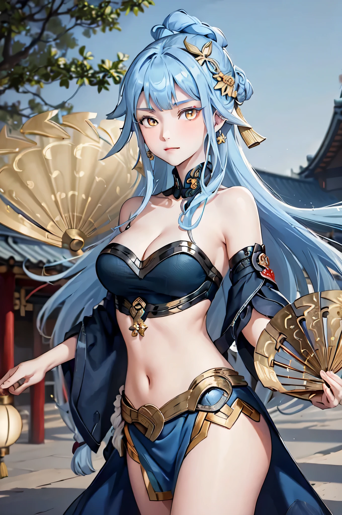 ((big breasts)), 1girl, solo, long hair, looking at viewer, hair ornament, dress, holding, bare shoulders, closed mouth, blue hair, yellow eyes, braid, artist name, covered navel, blue dress, chinese clothes, china dress, hand fan, folding fan, light blue hair, holding fan, Jordyn Huitema, (masterpiece,best quality:1.5), (masterpiece,best quality:1.5), Hold the fan with the right hand, the left hand does not hold the fan, Chinese imperial palace, feudal China, wooden castle, lake, (lantern), sparkling, (masterpiece,best quality:1.5), (masterpiece,best quality:1.5)