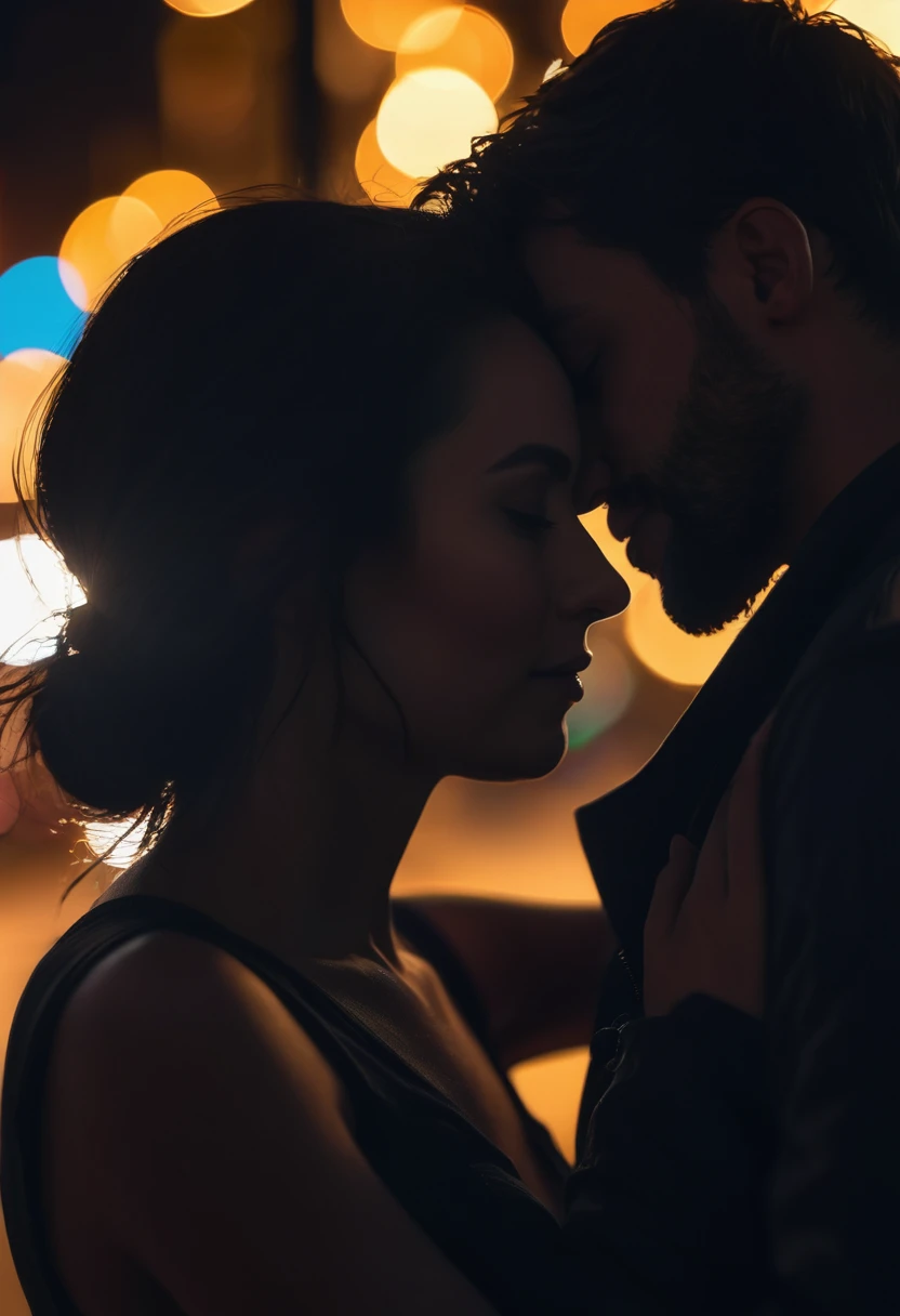 hyper realistic close-up image, dark silhouette of a couple affectionately hugged at night, bokeh light effects, lens flare effects, on a great city, 8k resolution, dramatic lighting, depht blur , greg rutkowsky style, raw photo
