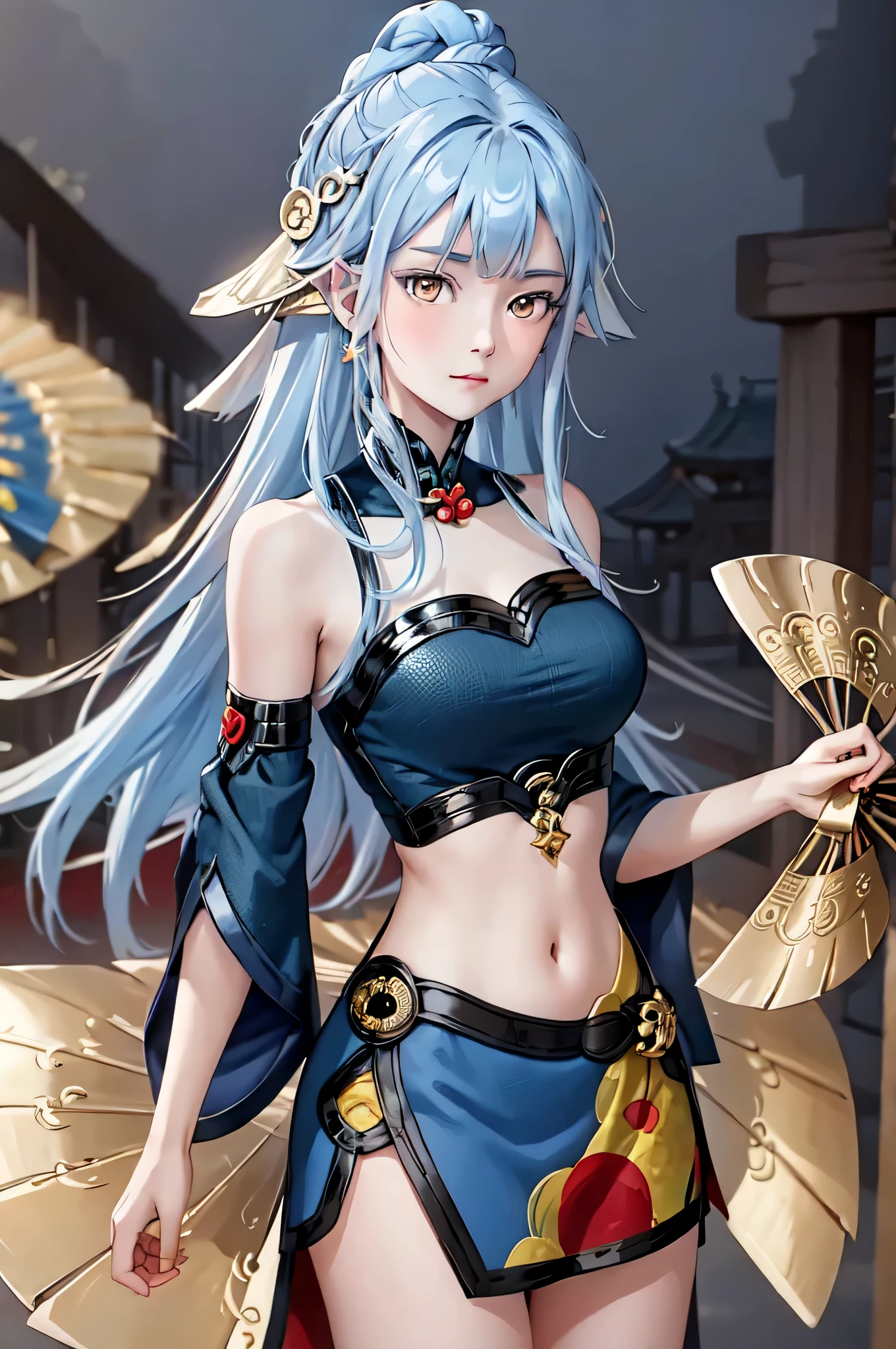 ((big breasts)), 1girl, solo, long hair, looking at viewer, hair ornament, dress, holding, bare shoulders, closed mouth, blue hair, yellow eyes, braid, artist name, covered navel, blue dress, chinese clothes, china dress, hand fan, folding fan, light blue hair, holding fan, Jordyn Huitema, (masterpiece,best quality:1.5), (masterpiece,best quality:1.5), Hold the fan with the right hand, the left hand does not hold the fan, Chinese imperial palace, feudal China, wooden castle, lake, (lantern), sparkling, (masterpiece,best quality:1.5), (masterpiece,best quality:1.5)