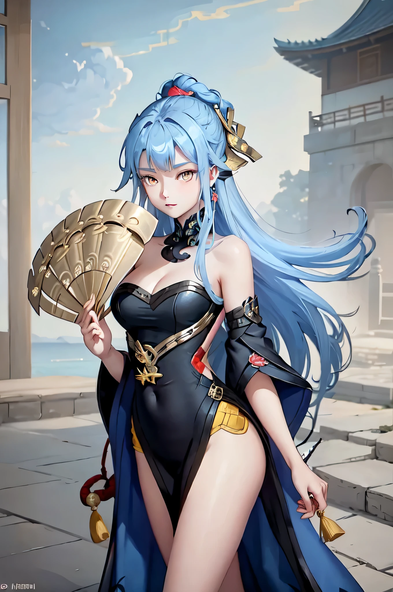 ((big breasts)), 1girl, solo, long hair, looking at viewer, hair ornament, dress, holding, bare shoulders, closed mouth, blue hair, yellow eyes, braid, artist name, covered navel, blue dress, chinese clothes, china dress, hand fan, folding fan, light blue hair, holding fan, Jordyn Huitema, (masterpiece,best quality:1.5), (masterpiece,best quality:1.5), Hold the fan with the right hand, the left hand does not hold the fan, Chinese imperial palace, feudal China, wooden castle, lake, (lantern), sparkling, (masterpiece,best quality:1.5), (masterpiece,best quality:1.5)