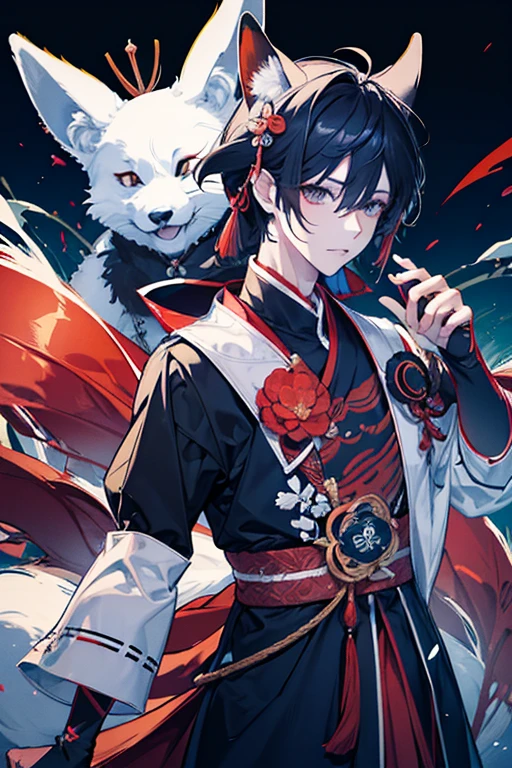 roupa de samurai, armadura inspirada em kitsune, gato de anime, akiyuki shinbou, roupa de ninja, estilo de anime 3d, raposa nobushi, anime estilizado, cauda de fursuit de santos mod, neko, inspirado em Josetsu, fursona vestindo roupas estilosas, cores das roupas e amaduras pretas, e cabelos preto, with a Kitsune fox mask, ao fundo a lua iluminando e petalas de cerejeiras caiem