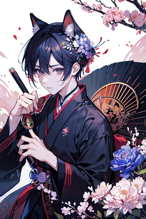 roupa de samurai, armadura inspirada em kitsune, gato de anime, akiyuki shinbou, roupa de ninja, estilo de anime 3d, raposa nobushi, anime estilizado, cauda de fursuit de santos mod, neko, inspirado em Josetsu, fursona vestindo roupas estilosas, cores das roupas e amaduras pretas, e cabelos preto, with a Kitsune fox mask, ao fundo a lua iluminando e petalas de cerejeiras caiem