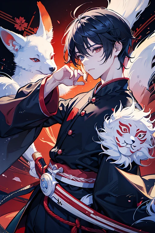 roupa de samurai, armadura inspirada em kitsune, gato de anime, akiyuki shinbou, roupa de ninja, estilo de anime 3d, raposa nobushi, anime estilizado, cauda de fursuit de santos mod, neko, inspirado em Josetsu, fursona vestindo roupas estilosas, cores das roupas e amaduras pretas, e cabelos preto, with a Kitsune fox mask, ao fundo a lua iluminando e petalas de cerejeiras caiem
