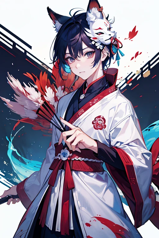 roupa de samurai, armadura inspirada em kitsune, gato de anime, akiyuki shinbou, roupa de ninja, estilo de anime 3d, raposa nobushi, anime estilizado, cauda de fursuit de santos mod, neko, inspirado em Josetsu, fursona vestindo roupas estilosas, cores das roupas e amaduras pretas, e cabelos preto, with a Kitsune fox mask, ao fundo a lua iluminando e petalas de cerejeiras caiem