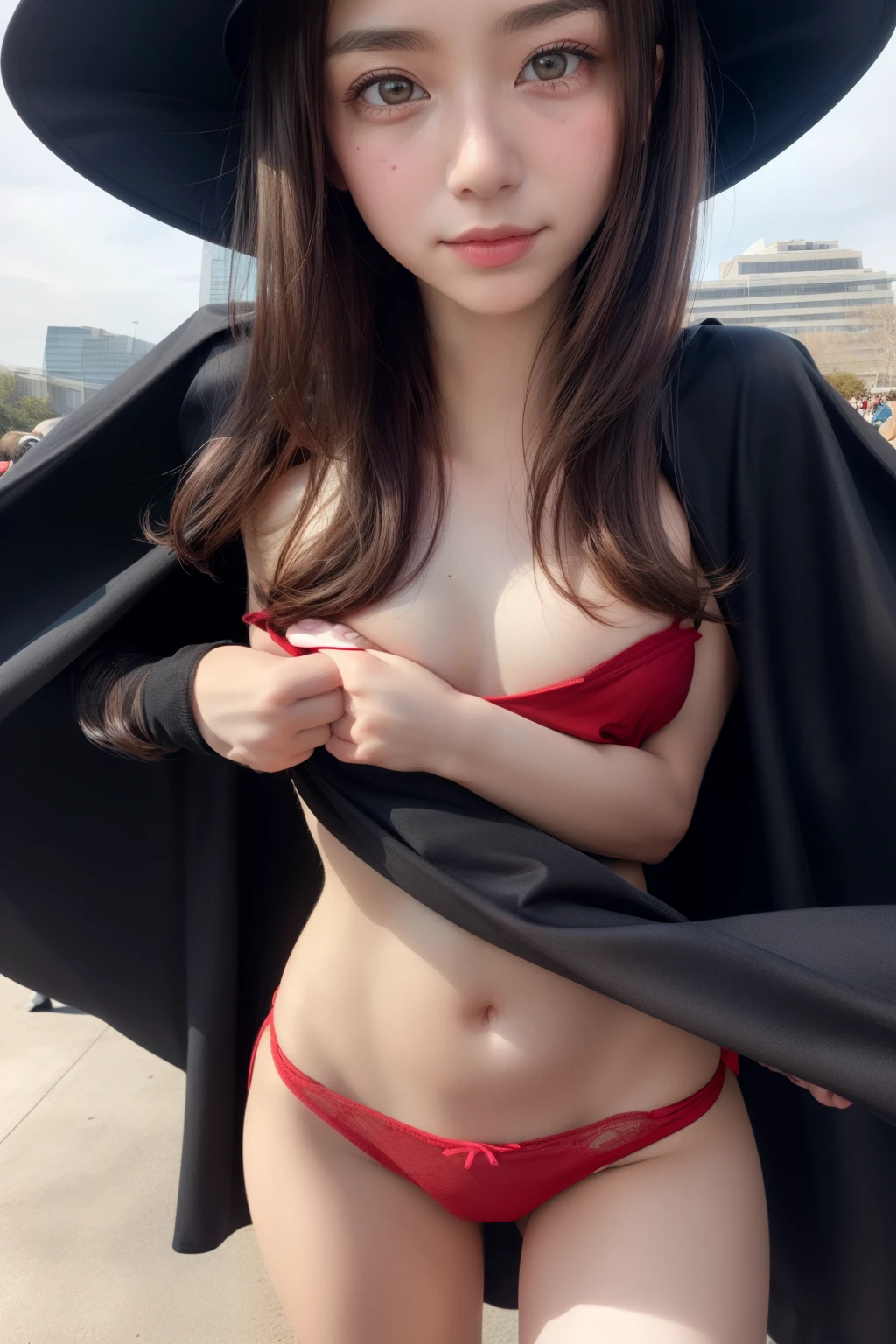 comiket_cosplay, N4、comiket_cosplay_Hiroba、masterpiece,Super detailed,highest quality,girl,shy,めぐみんのcosplay,blush,Comiket_cosplay_Square,camera, 6+the boys, outdoor,holding camera, multiple the boys, Day, crowd, photo shoot, blue sky, photo background, backwards 、 8K, RAW portrait (Day本人女性)、Photoreal:1.3、realistic, ultra high resolution ,( in the evening :1.1),Day本人女性,long hair,slender body, black hair, (realistic skin texture:1.3)、(An immersive atmosphere:0.8、chiaroscuro:1.2) 、(look viewer:1.3)、((embarrassing))、((Wearing a pleated skirt))、(smile:0.6)、((wearing very small silk red panties))、((panty shot))、((roll up the skirt))、((Angle of view from below:1.45))、((close up of face:1.52))、((panty shot))、Sweatばんだ股間、Sweat、((small breasts:1.8))、((short_hair, brown_hair, red_eyes, short_hair_with_long_locks, hat, witch_hat, cape, black_hair, ))