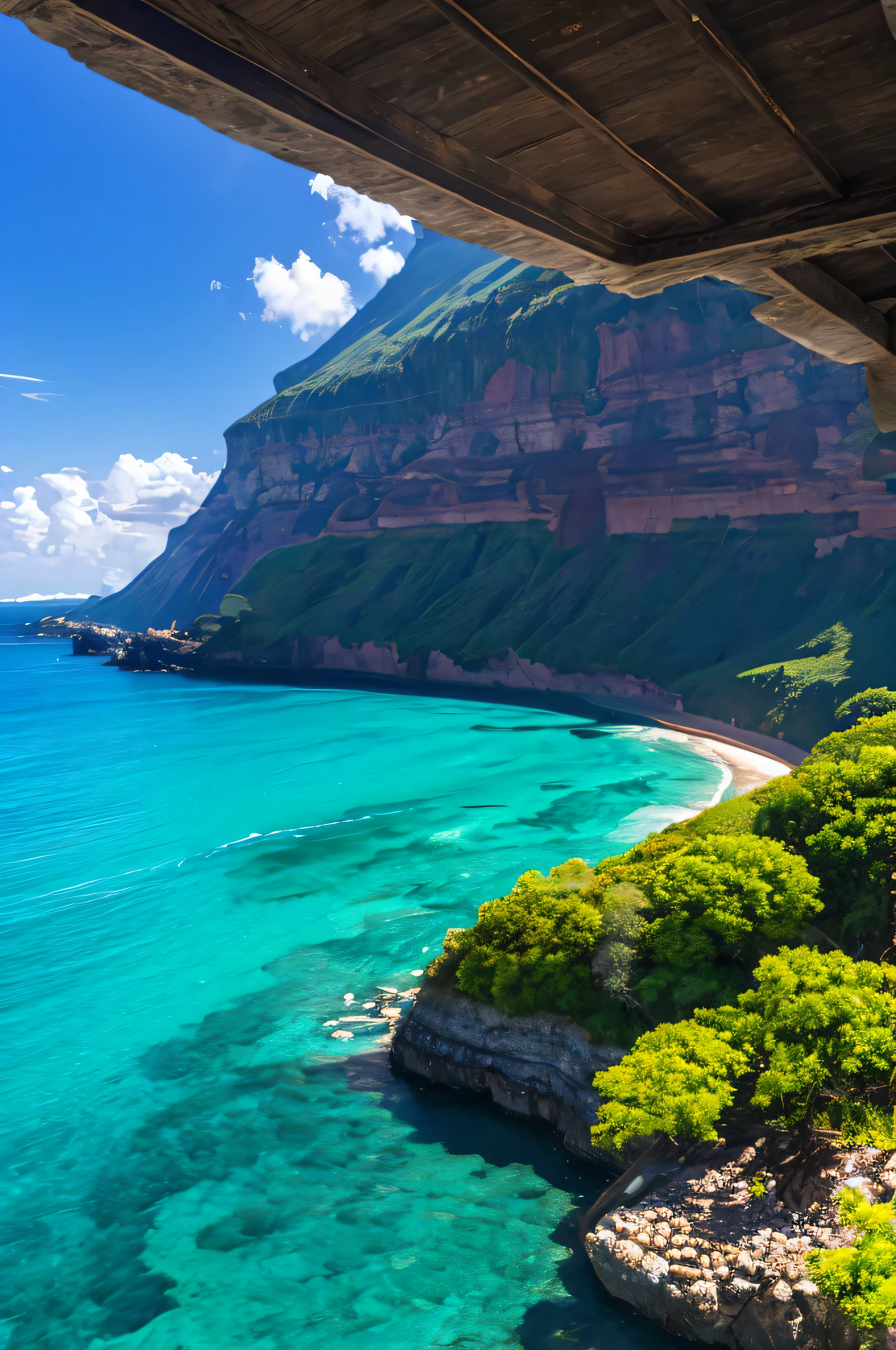 "a beatiful lanscape with volcano on onesidewith beacon the other", the stunning landscape features a towering volcano on on side and a cristal clear water on the other side, and a beach with sand by the side of the ocean , clear skies, fair weate