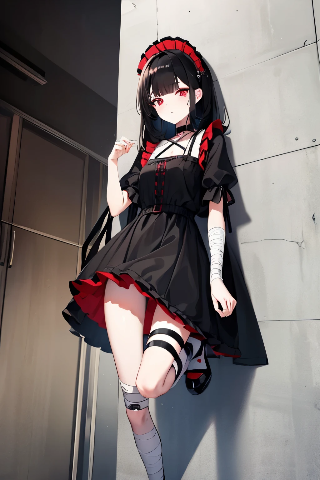 1 tall android girl with wavy messy black hair. She has scratches and bruises and bandages. She's wearing platform shoes. She is jumping off of a wall top. She is wearing a black skirt. She is wearing a flowy red maid costume.