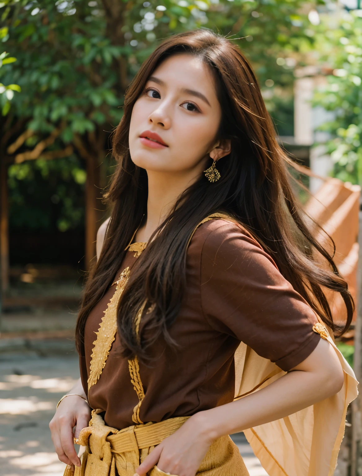 (8k,Masterpiece,There's nothing wrong with it.., realistic :1.3), best quality, Portrait , realistic, Face focus, 1 woman, long brown hair, Traditional Thai dress , ( convenient:1.2), temple background, (The Wind:1.2),(sunlight:1.2)