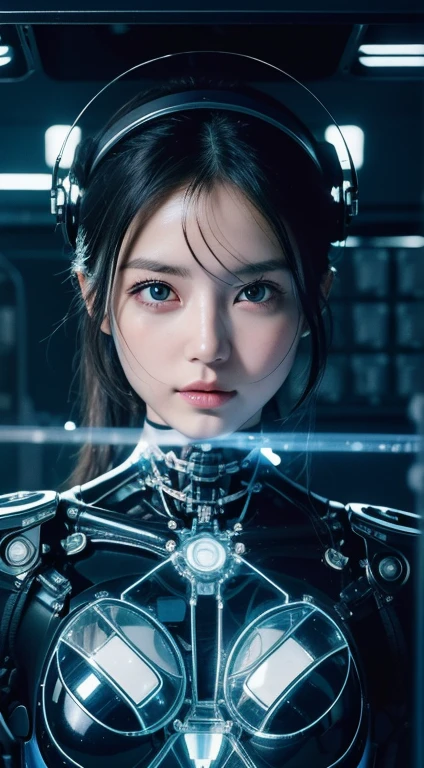 (highest quality, High resolution, masterpiece:1.2), Super detailed, realistic:1.37, (perfect anatomy),1 girl, full body portrait,Inside a robotized operating room,(Lots of cables:1.1),Lots of tubes,monitor screen,close-up of woman, Cute and perfectly beautiful Japanese idols, 26 year old female model、Modified into a cute cyborg,, (blue led eyes:1.1), (clear glass body:1.5), (A clear view of the electronic systems in the body.:1.4),  Detailed connection lines,  Wires and cables connecting to the head,  cybernetics, cyber punk,  intricate decorative details, Android factory in the background, master piece, full body shot